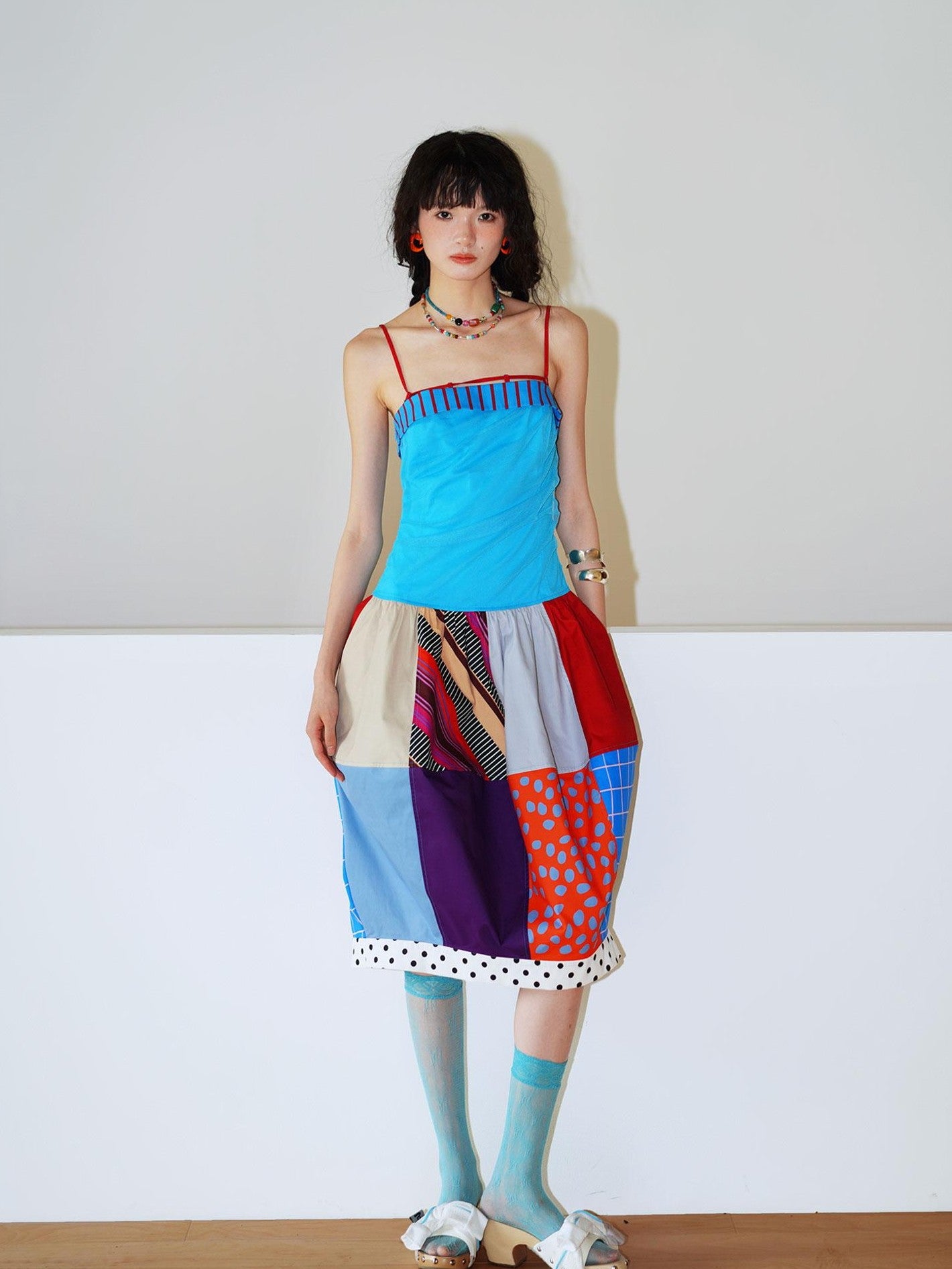 badtaste 17 Panel Spliced Printed Balloon Tuck Spaghetti Women's Slip Midi Dresses