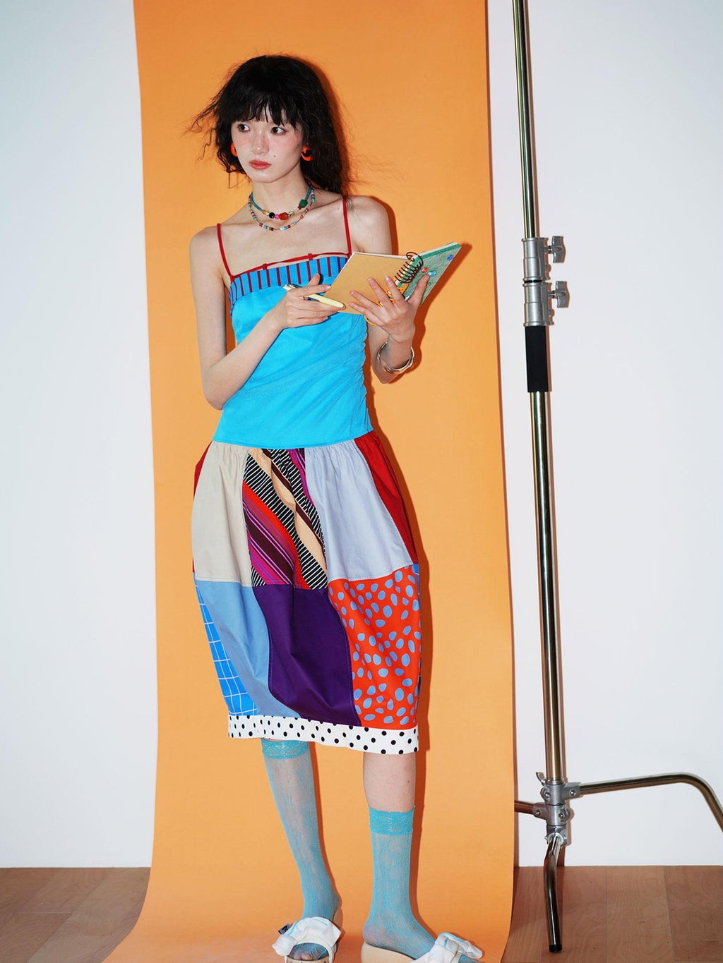 badtaste 17 Panel Spliced Printed Balloon Tuck Spaghetti Women's Slip Midi Dresses