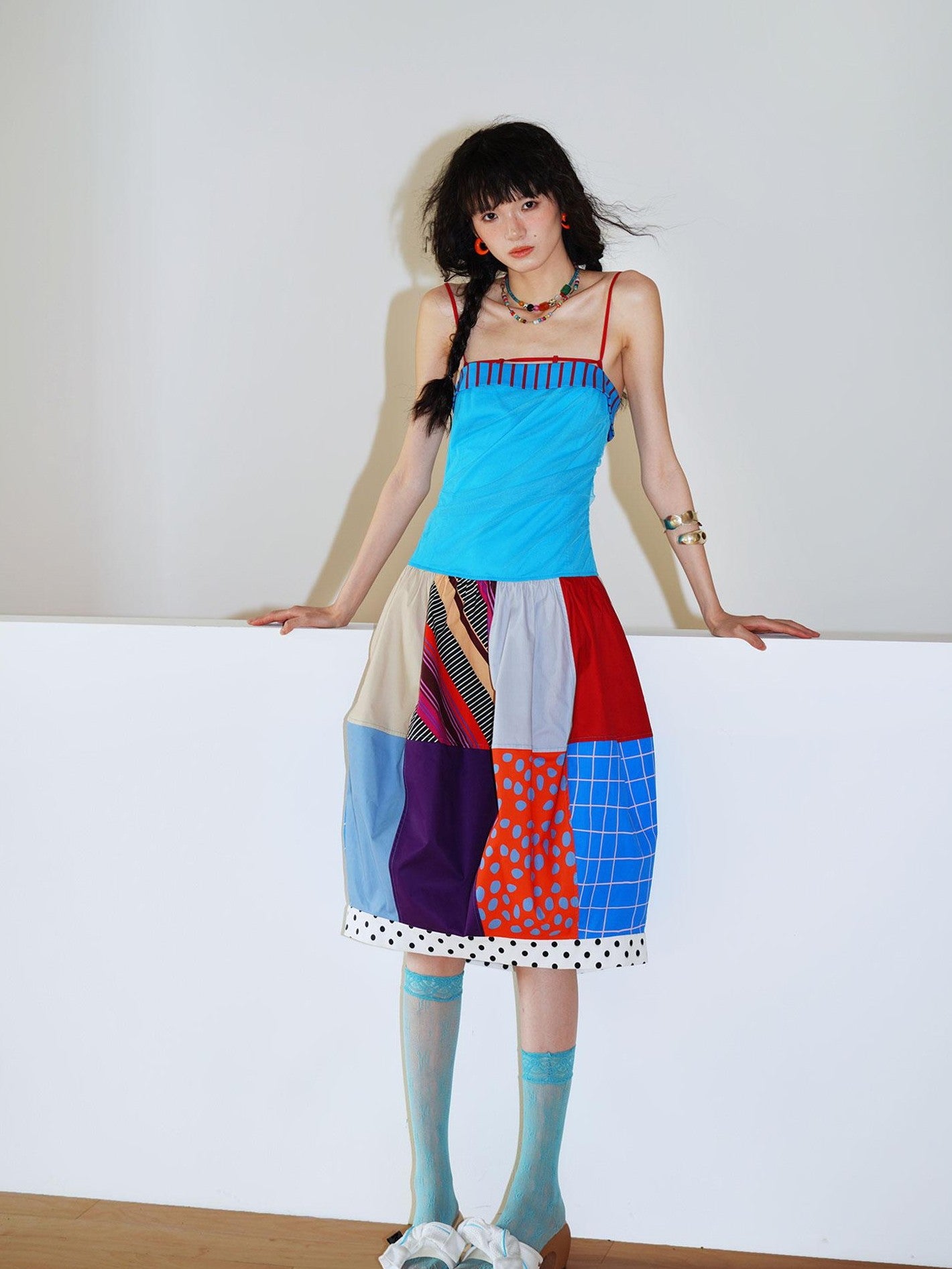 badtaste 17 Panel Spliced Printed Balloon Tuck Spaghetti Women's Slip Midi Dresses