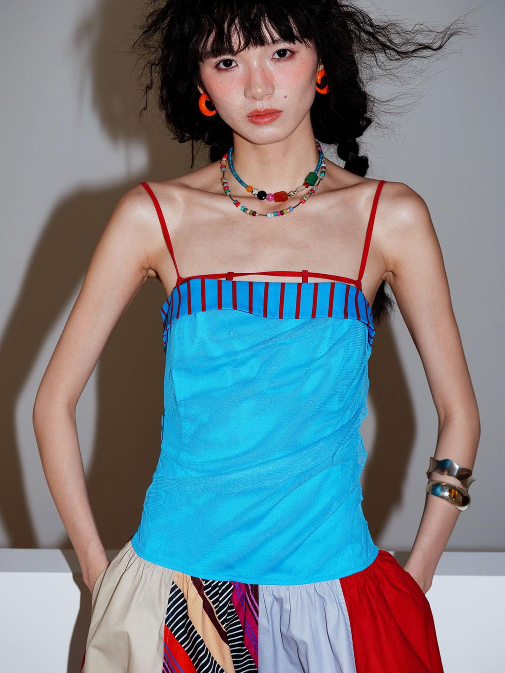 badtaste 17 Panel Spliced Printed Balloon Tuck Spaghetti Women's Slip Midi Dresses
