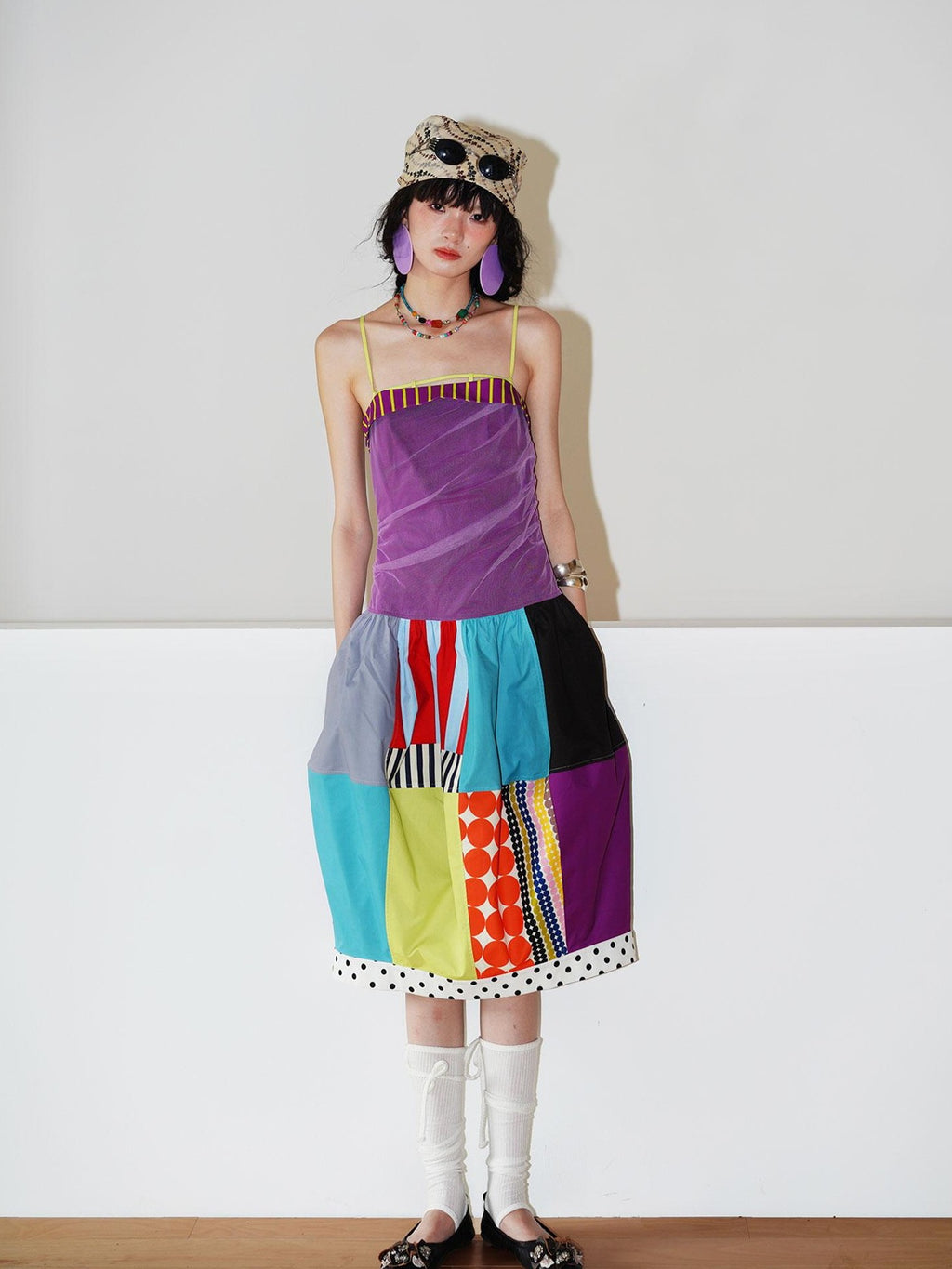 badtaste 17 Panel Spliced Printed Balloon Tuck Spaghetti Women's Slip Midi Dresses