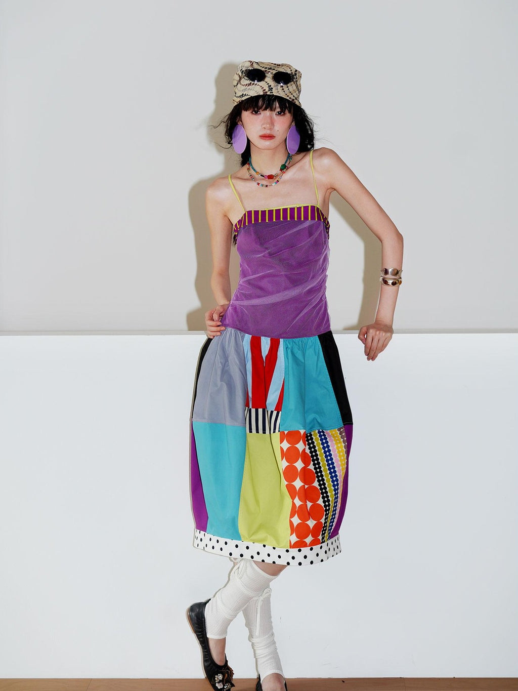 badtaste 17 Panel Spliced Printed Balloon Tuck Spaghetti Women's Slip Midi Dresses