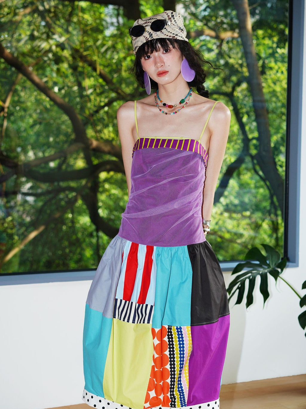 badtaste 17 Panel Spliced Printed Balloon Tuck Spaghetti Women's Slip Midi Dresses