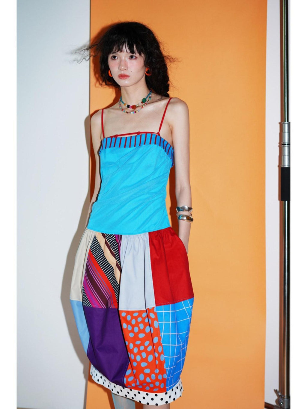 badtaste 17 Panel Spliced Printed Balloon Tuck Spaghetti Women's Slip Midi Dresses