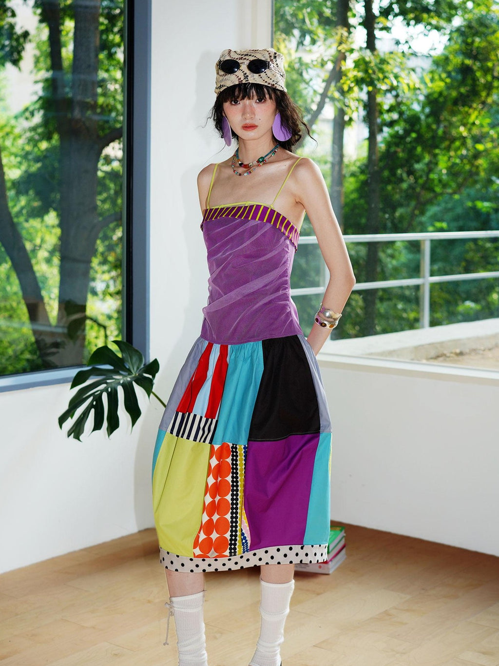 badtaste 17 Panel Spliced Printed Balloon Tuck Spaghetti Women's Slip Midi Dresses