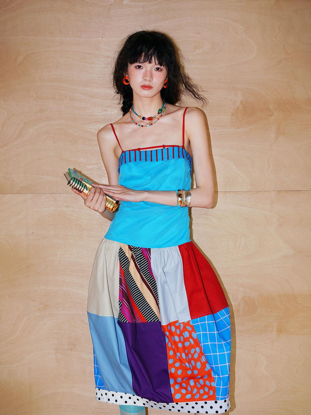 badtaste 17 Panel Spliced Printed Balloon Tuck Spaghetti Women's Slip Midi Dresses