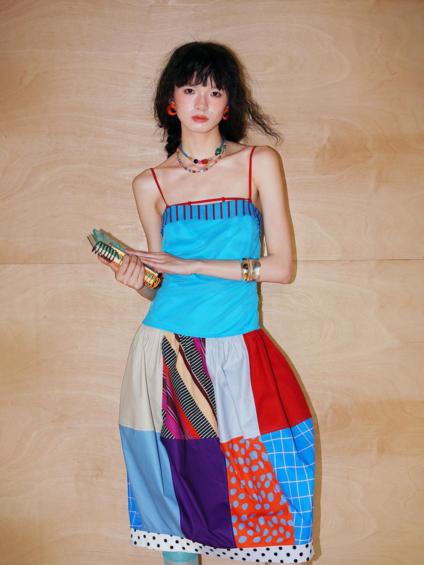 badtaste 17 Panel Spliced Printed Balloon Tuck Spaghetti Women's Slip Midi Dresses