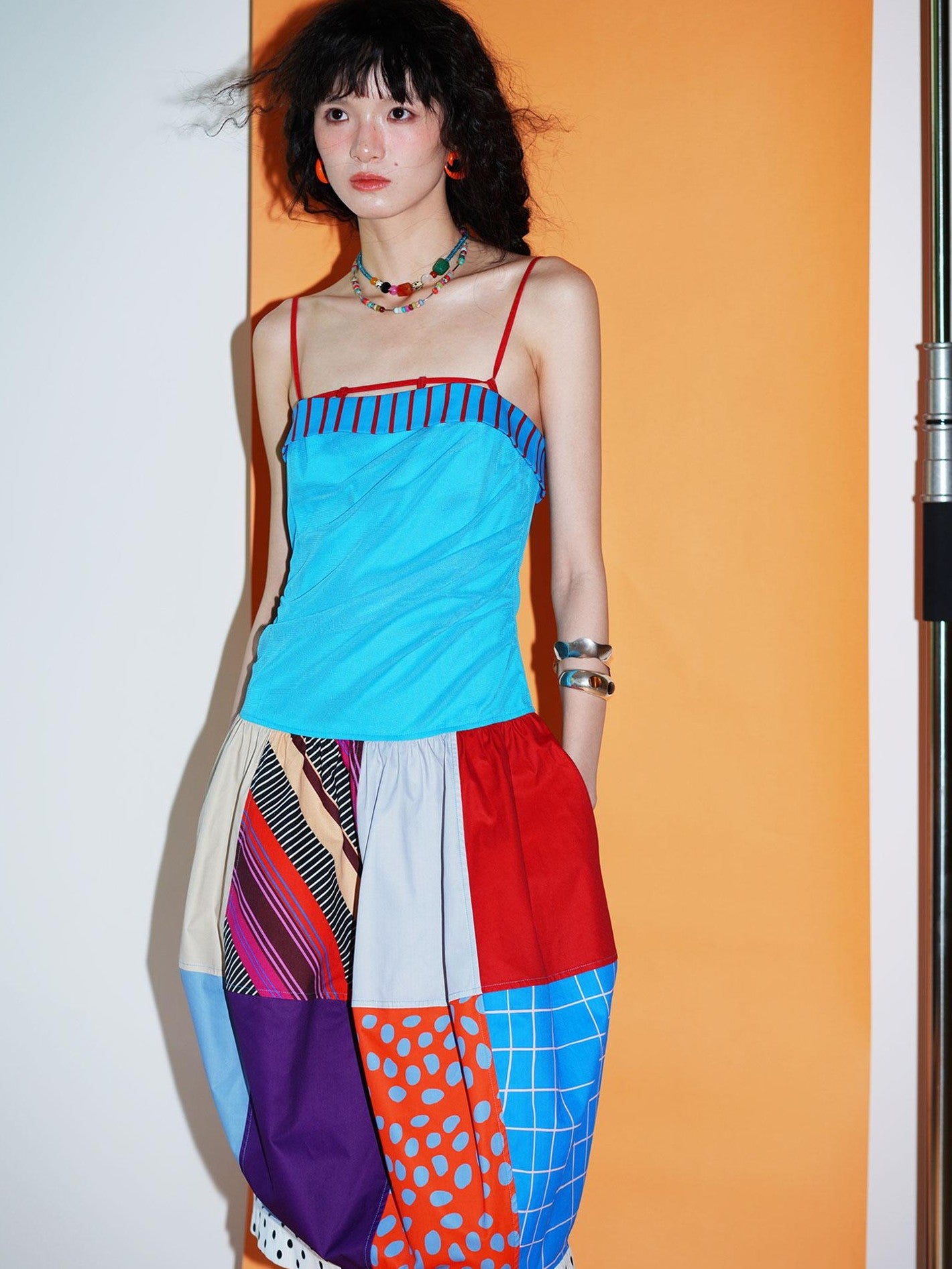 badtaste 17 Panel Spliced Printed Balloon Tuck Spaghetti Women's Slip Midi Dresses