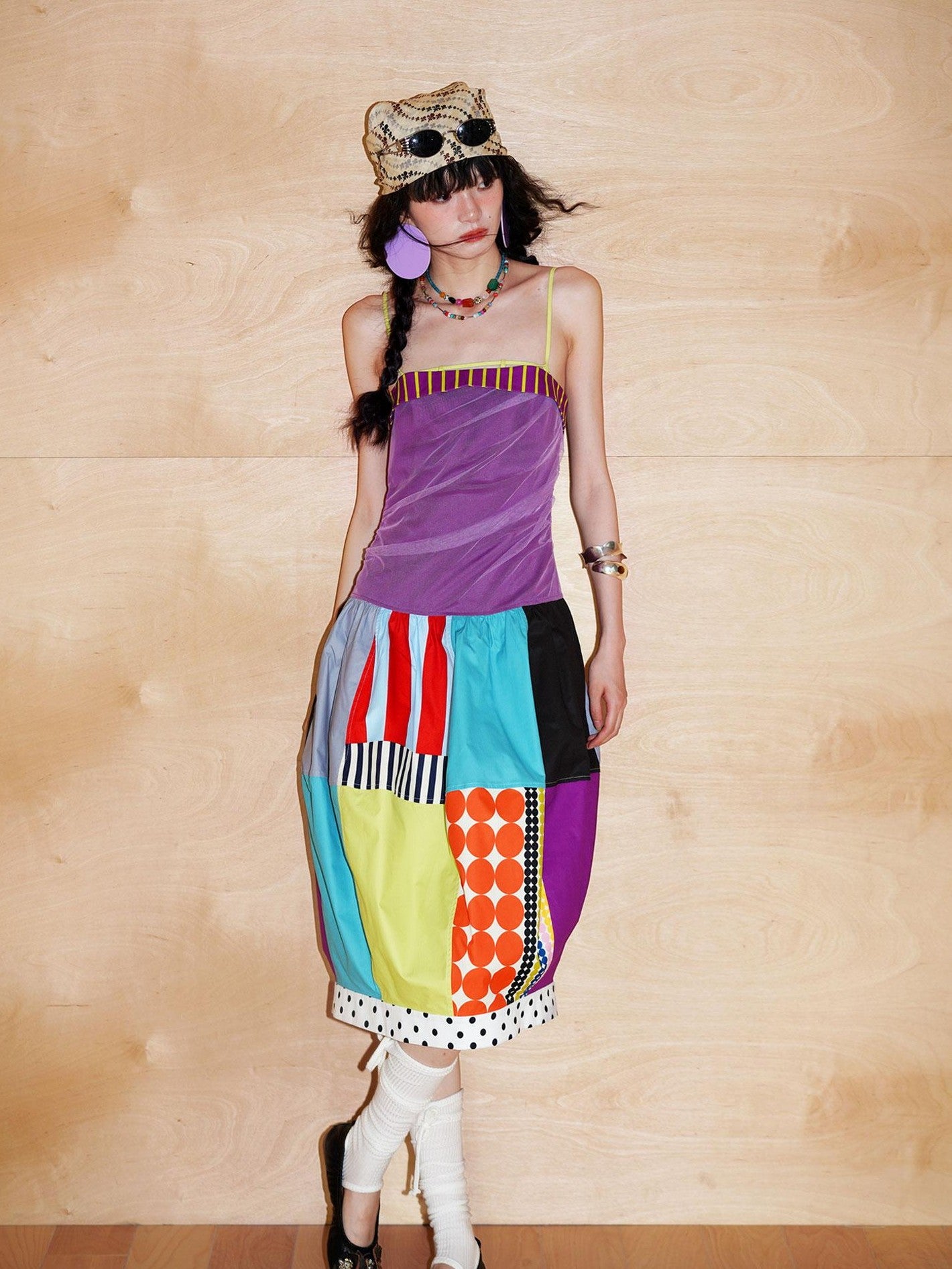 badtaste 17 Panel Spliced Printed Balloon Tuck Spaghetti Women's Slip Midi Dresses