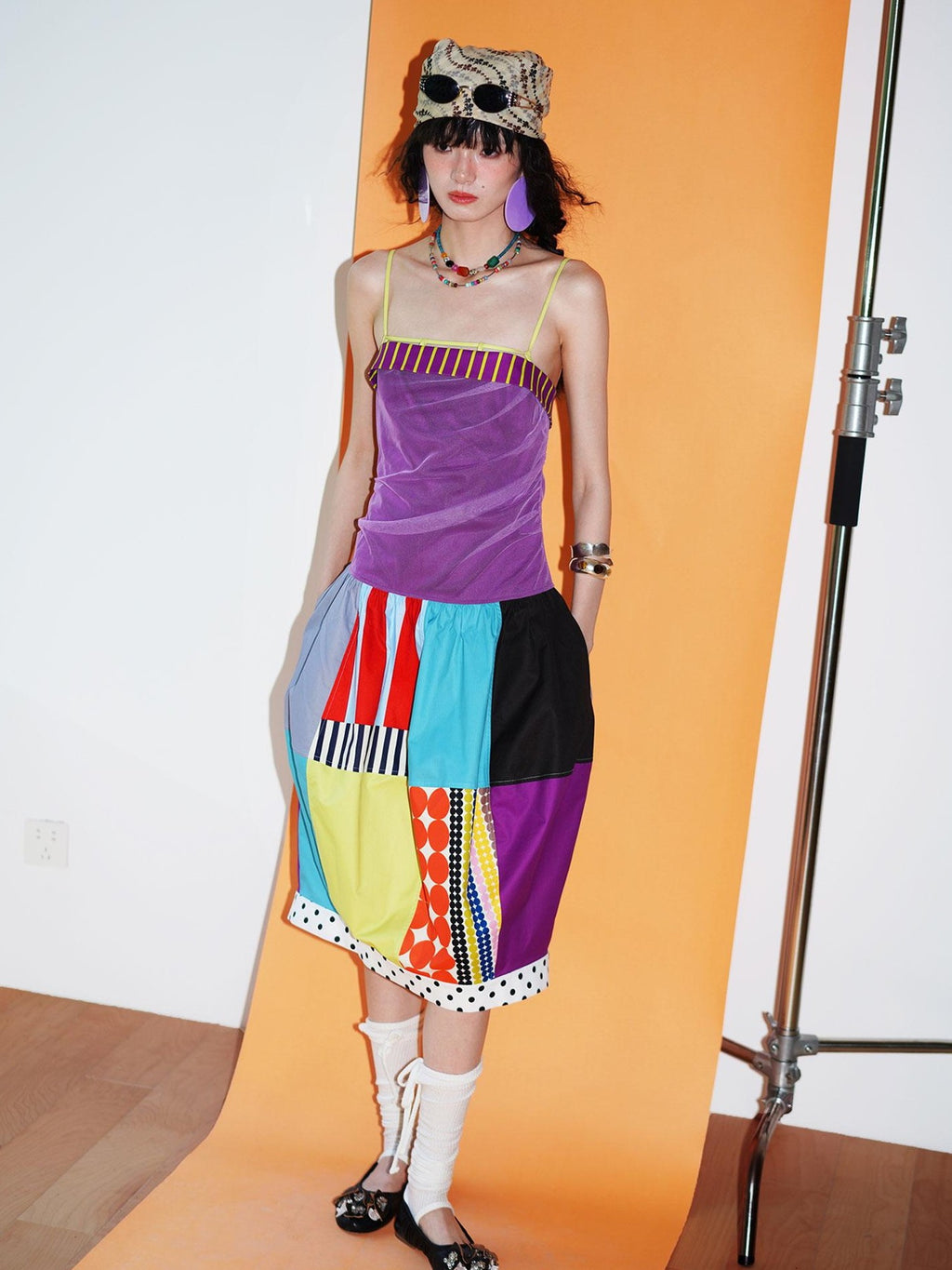 badtaste 17 Panel Spliced Printed Balloon Tuck Spaghetti Women's Slip Midi Dresses