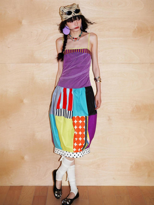 badtaste 17 Panel Spliced Printed Balloon Tuck Spaghetti Women's Slip Midi Dresses
