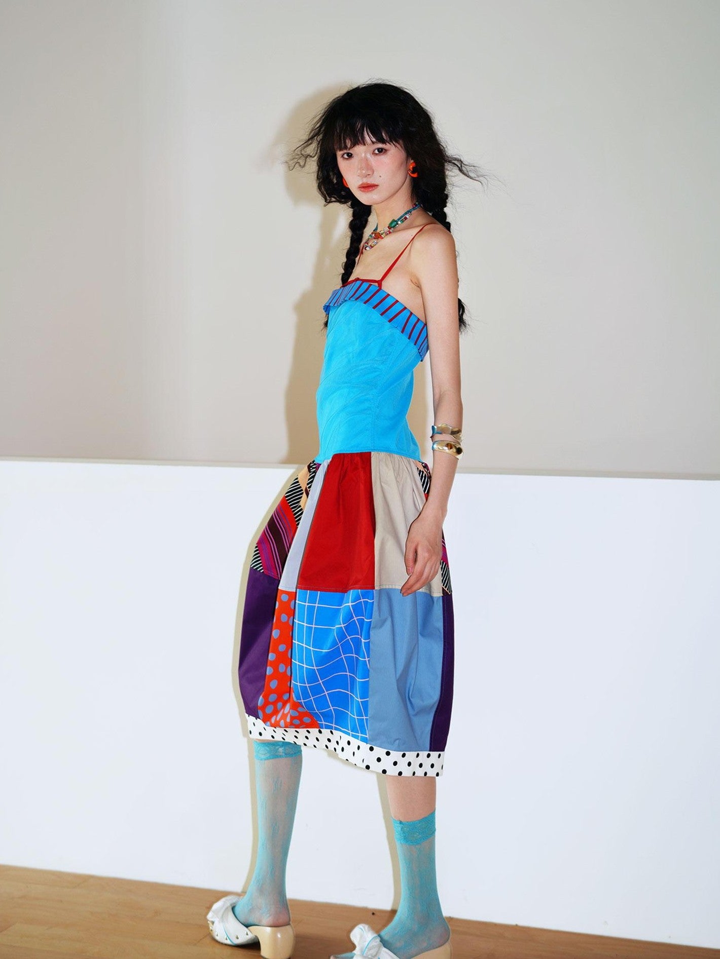 badtaste 17 Panel Spliced Printed Balloon Tuck Spaghetti Women's Slip Midi Dresses