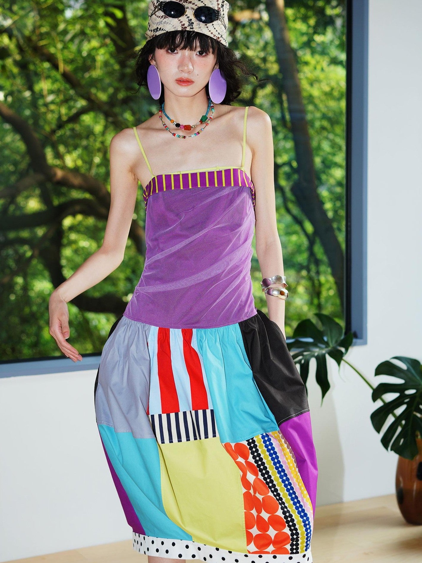 badtaste 17 Panel Spliced Printed Balloon Tuck Spaghetti Women's Slip Midi Dresses
