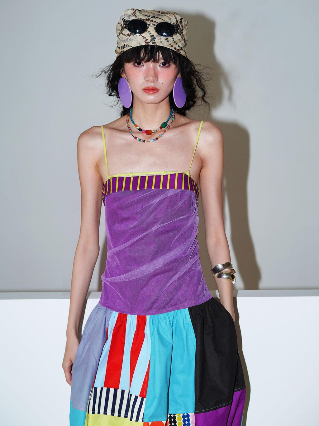 badtaste 17 Panel Spliced Printed Balloon Tuck Spaghetti Women's Slip Midi Dresses