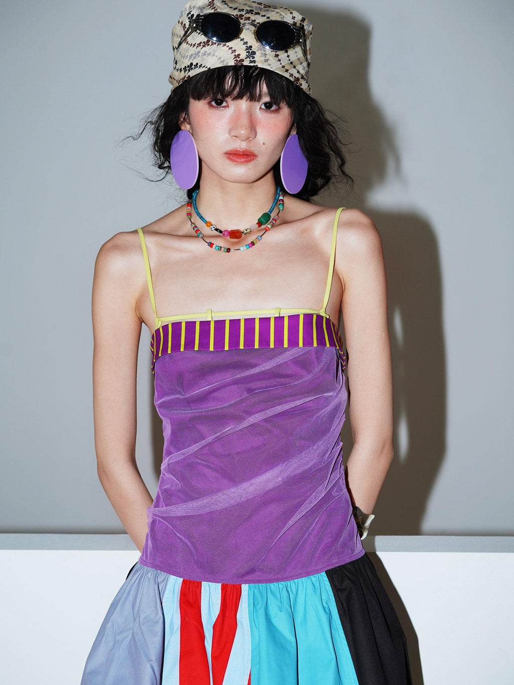 badtaste 17 Panel Spliced Printed Balloon Tuck Spaghetti Women's Slip Midi Dresses
