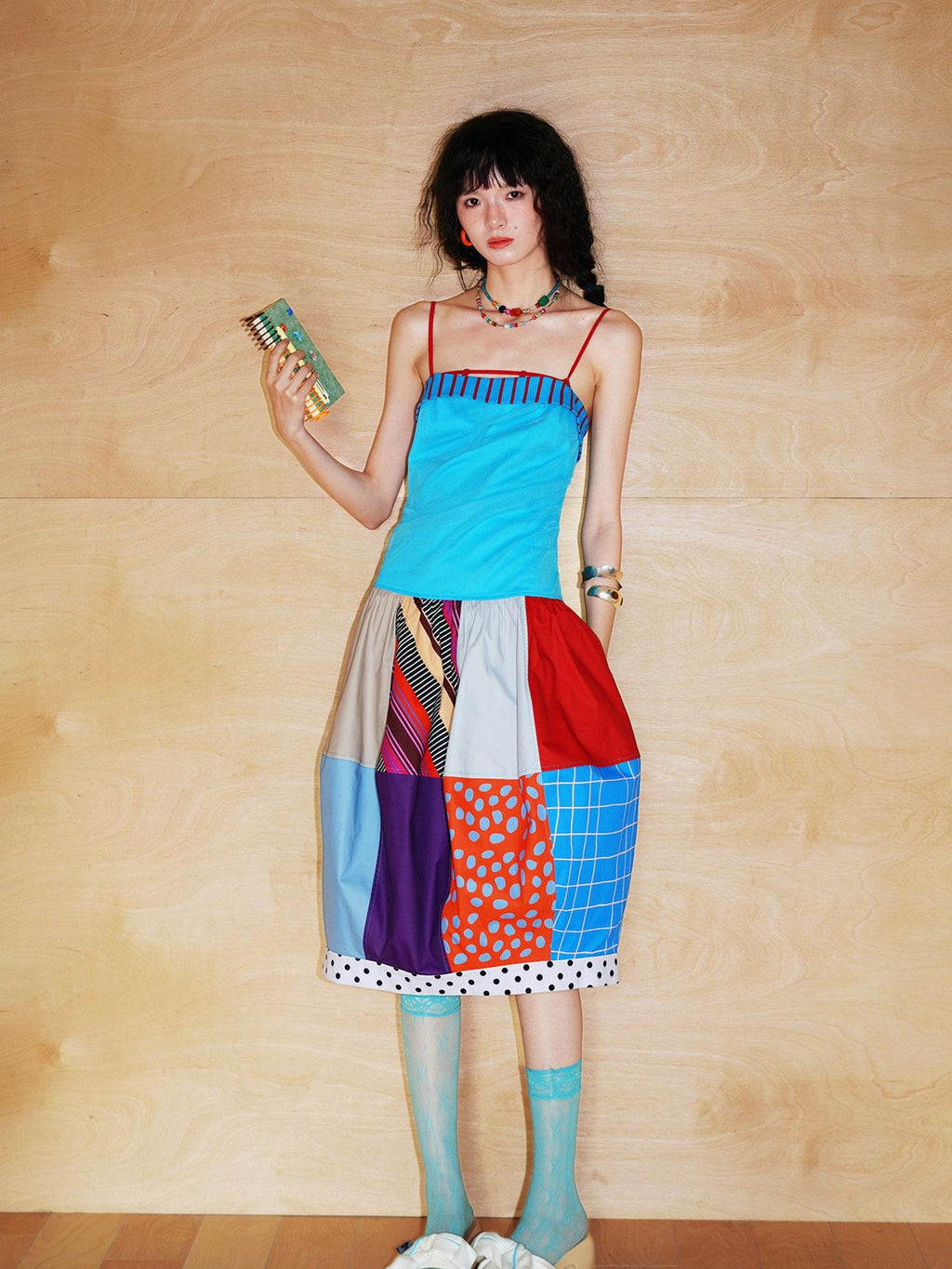 badtaste 17 Panel Spliced Printed Balloon Tuck Spaghetti Women's Slip Midi Dresses