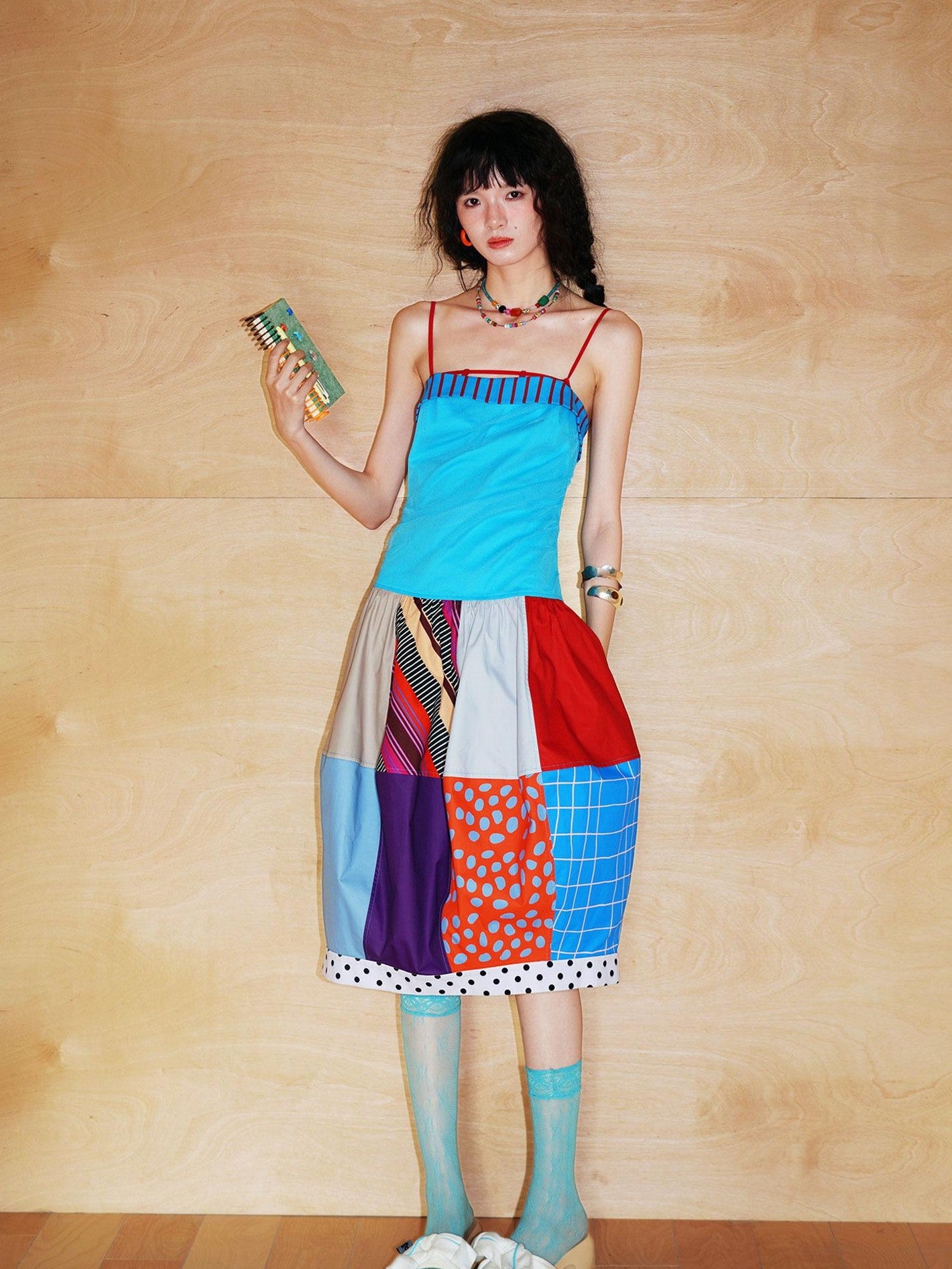 badtaste 17 Panel Spliced Printed Balloon Tuck Spaghetti Women's Slip Midi Dresses