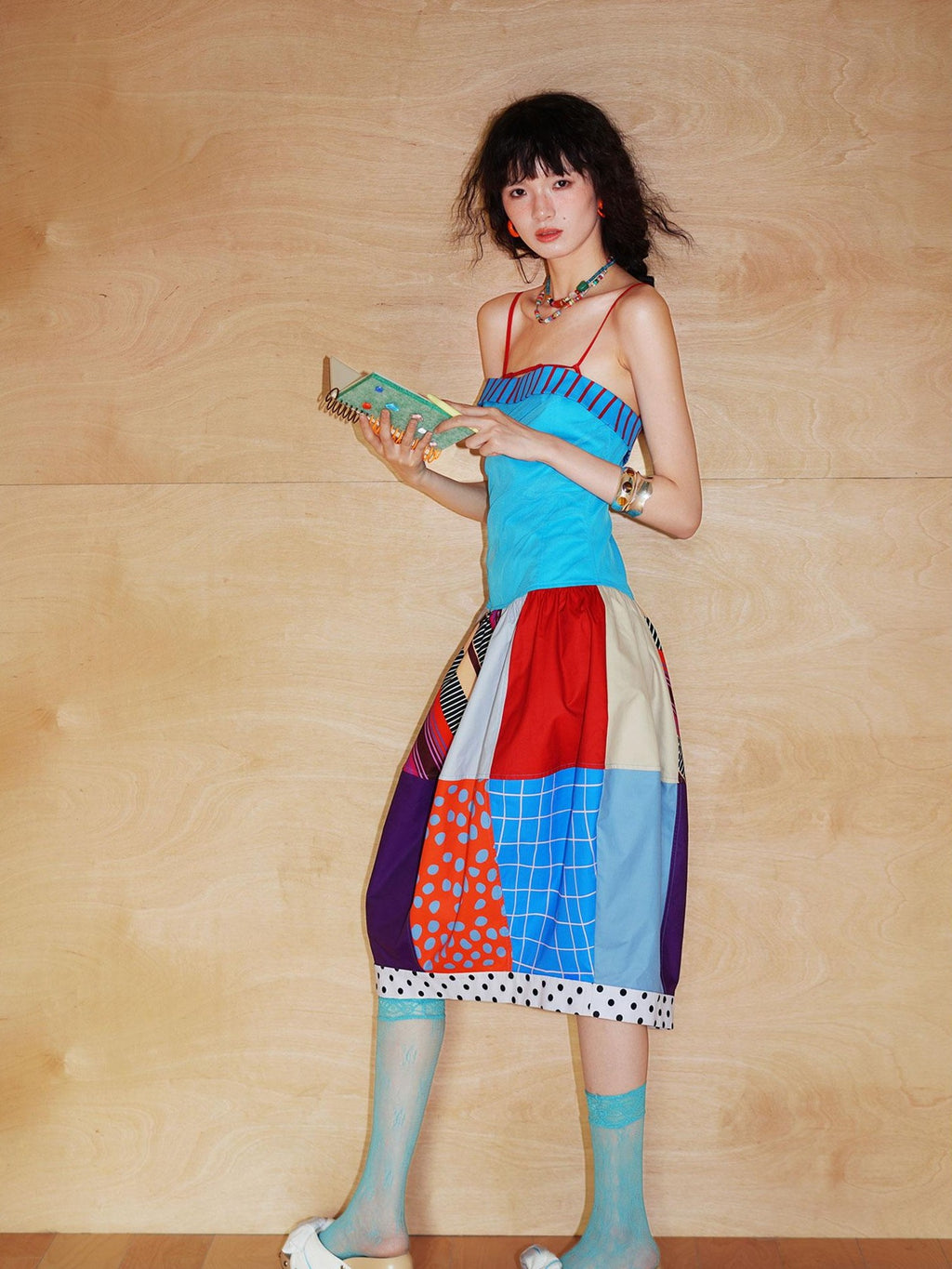 badtaste 17 Panel Spliced Printed Balloon Tuck Spaghetti Women's Slip Midi Dresses