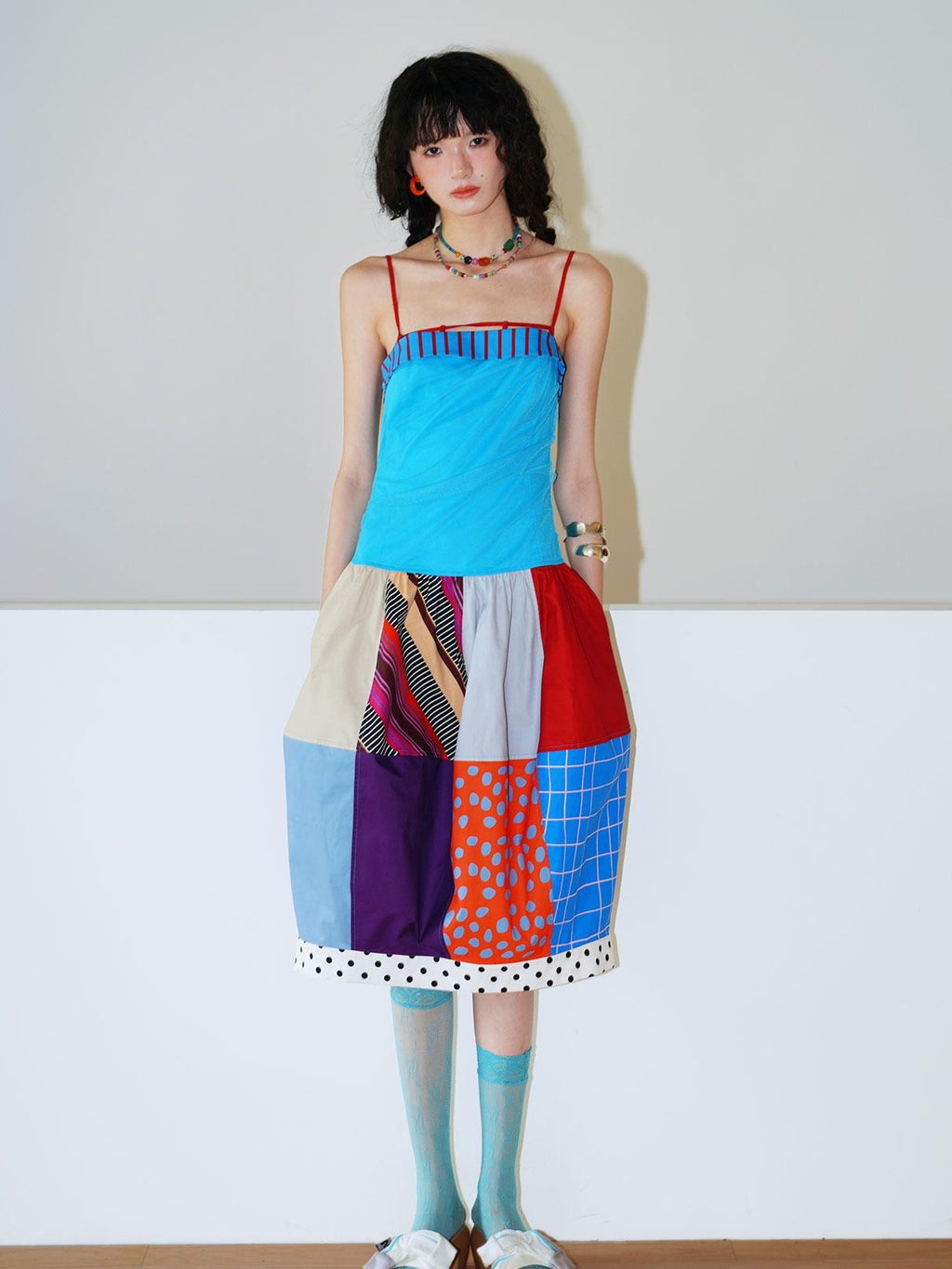 badtaste 17 Panel Spliced Printed Balloon Tuck Spaghetti Women's Slip Midi Dresses