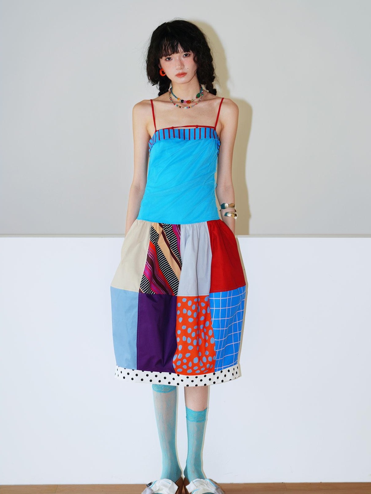 badtaste 17 Panel Spliced Printed Balloon Tuck Spaghetti Women's Slip Midi Dresses