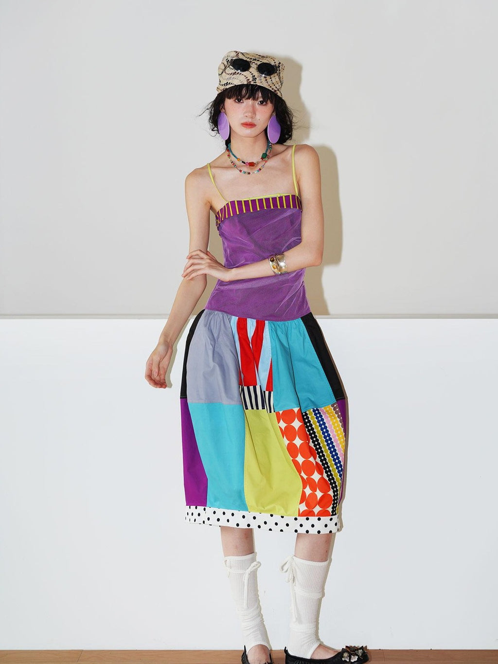 badtaste 17 Panel Spliced Printed Balloon Tuck Spaghetti Women's Slip Midi Dresses