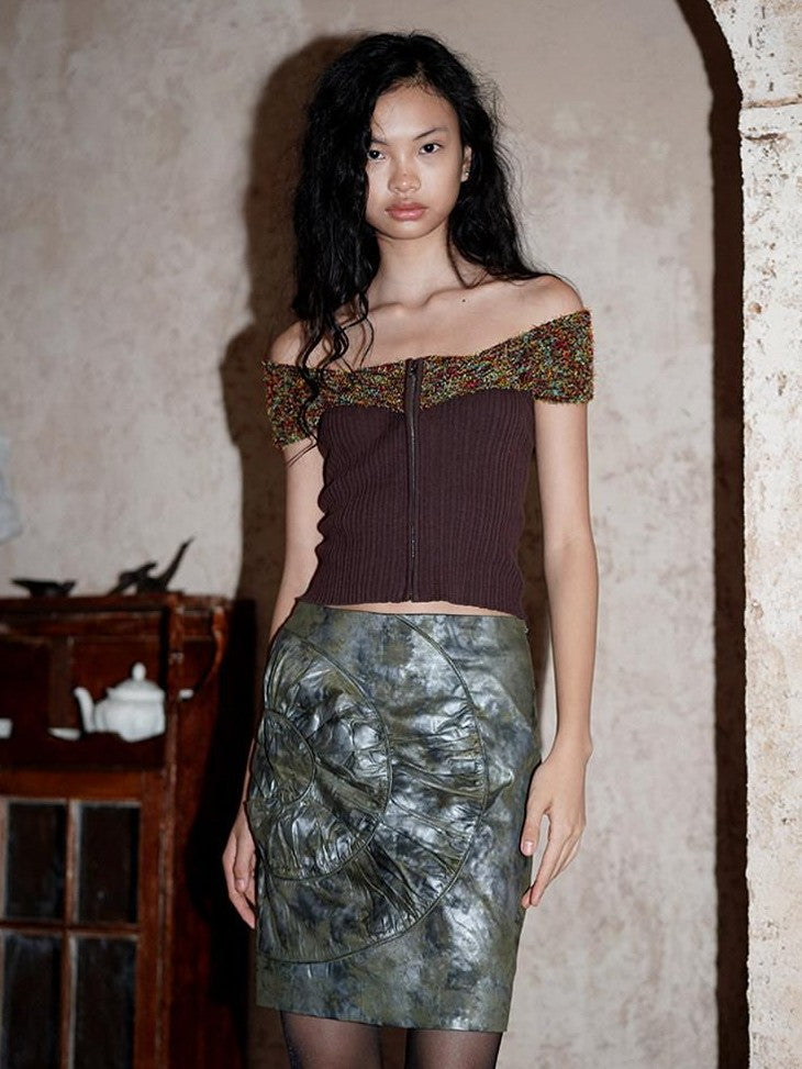 badtaste Army Green Patchwork Colorblock Spiral Ruched Pleat Women's Mini Skirts