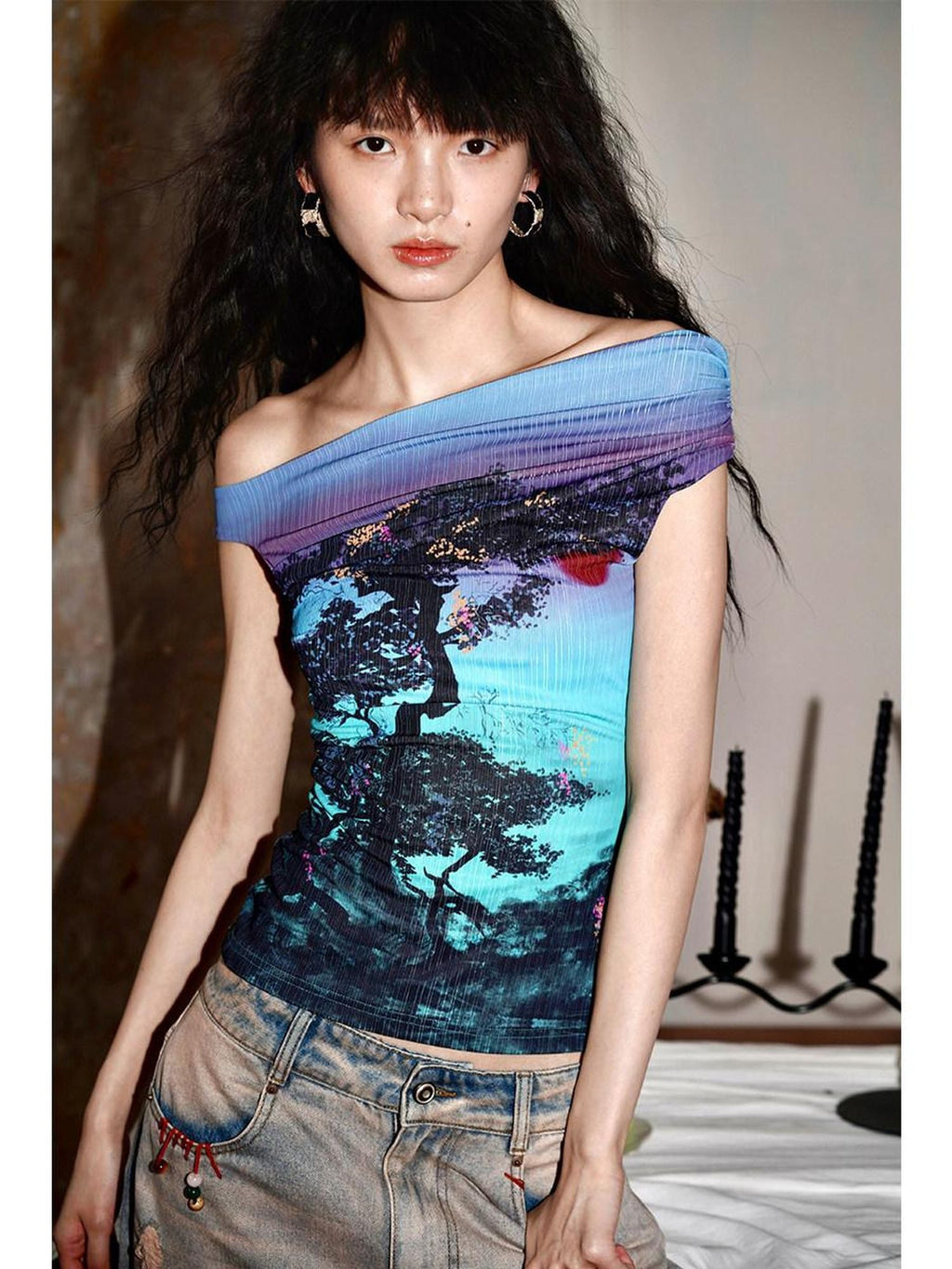 badtaste Asymmetrical Shoulder Chinese Print Slim Fit Women's Short Sleeve T-shirts