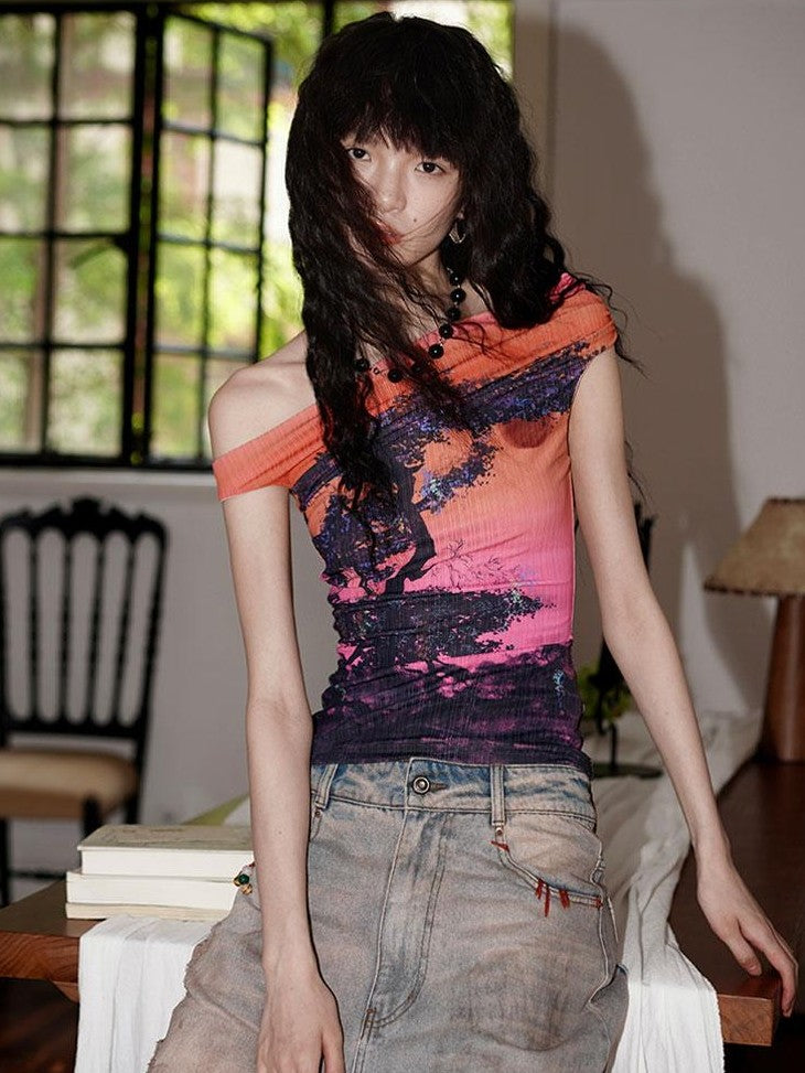 badtaste Asymmetrical Shoulder Chinese Print Slim Fit Women's Short Sleeve T-shirts