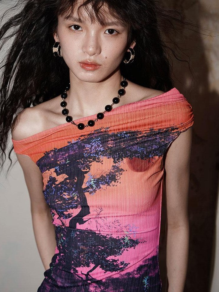 badtaste Asymmetrical Shoulder Chinese Print Slim Fit Women's Short Sleeve T-shirts
