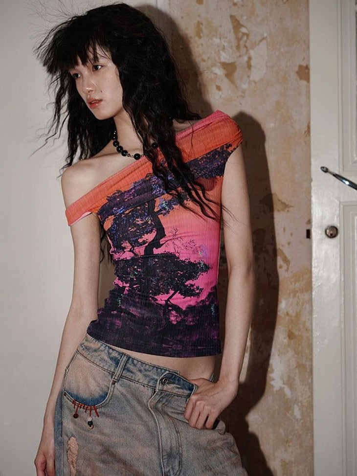 badtaste Asymmetrical Shoulder Chinese Print Slim Fit Women's Short Sleeve T-shirts
