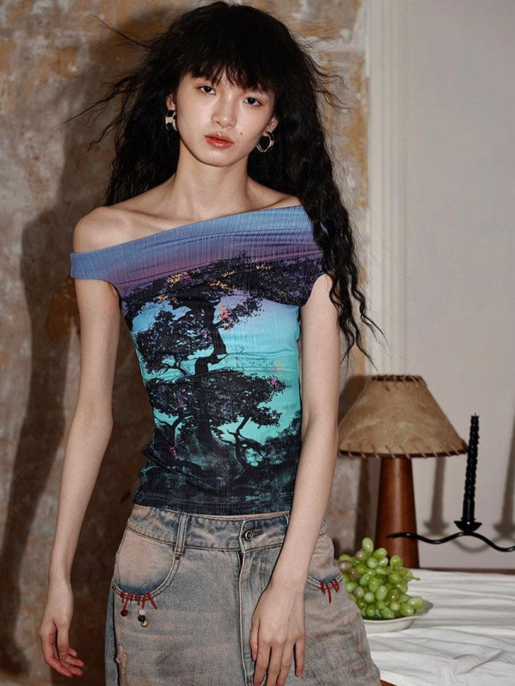 badtaste Asymmetrical Shoulder Chinese Print Slim Fit Women's Short Sleeve T-shirts