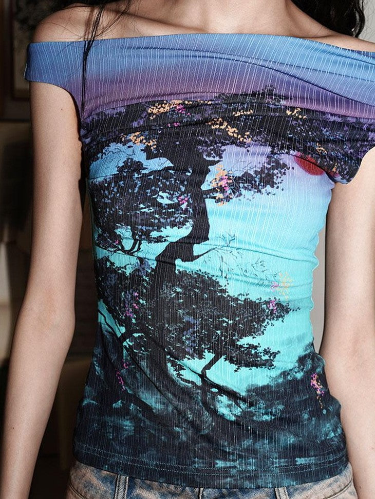 badtaste Asymmetrical Shoulder Chinese Print Slim Fit Women's Short Sleeve T-shirts