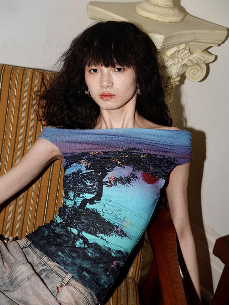 badtaste Asymmetrical Shoulder Chinese Print Slim Fit Women's Short Sleeve T-shirts