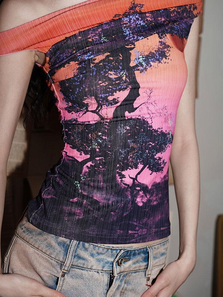 badtaste Asymmetrical Shoulder Chinese Print Slim Fit Women's Short Sleeve T-shirts