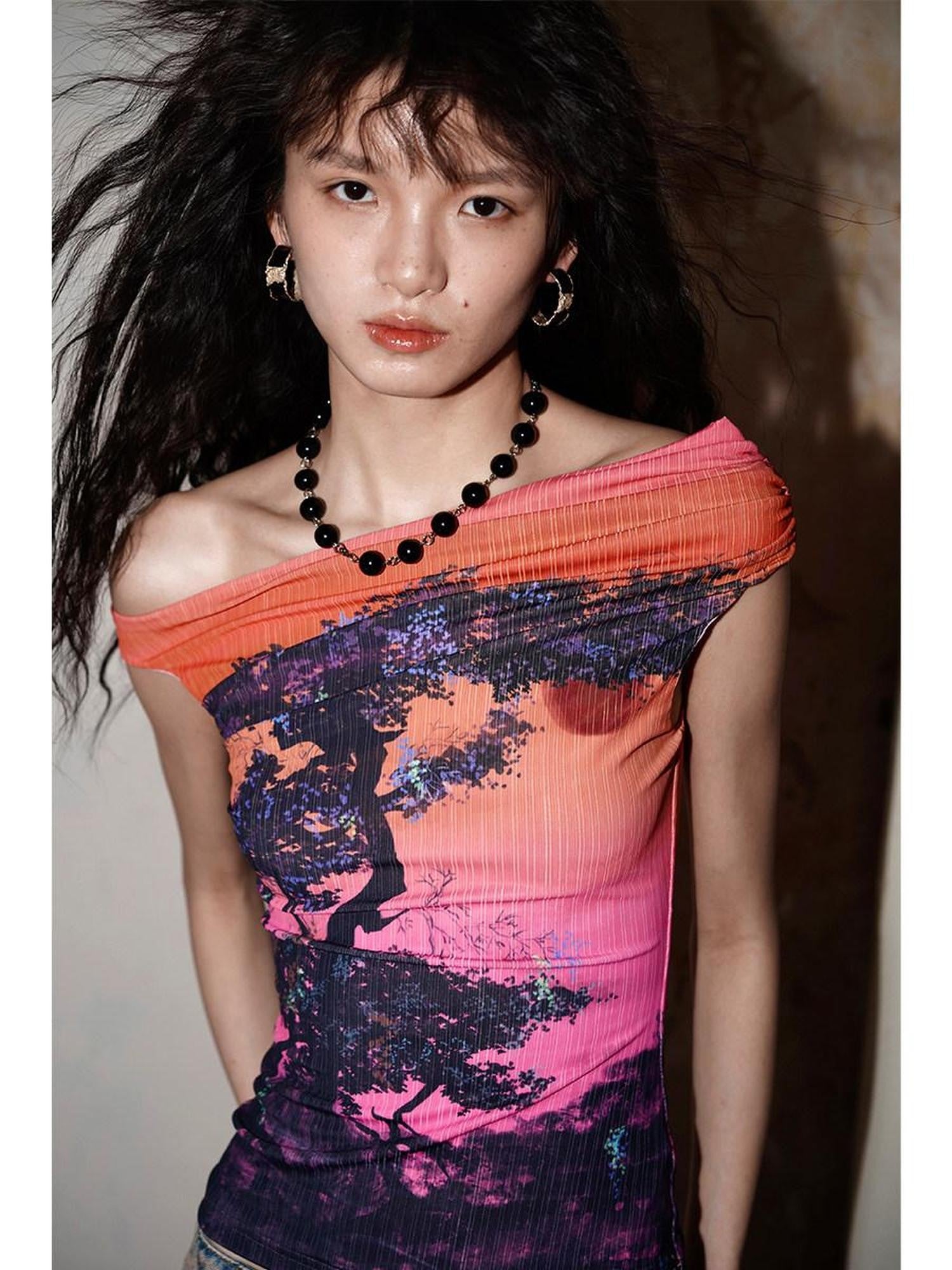 badtaste Asymmetrical Shoulder Chinese Print Slim Fit Women's Short Sleeve T-shirts