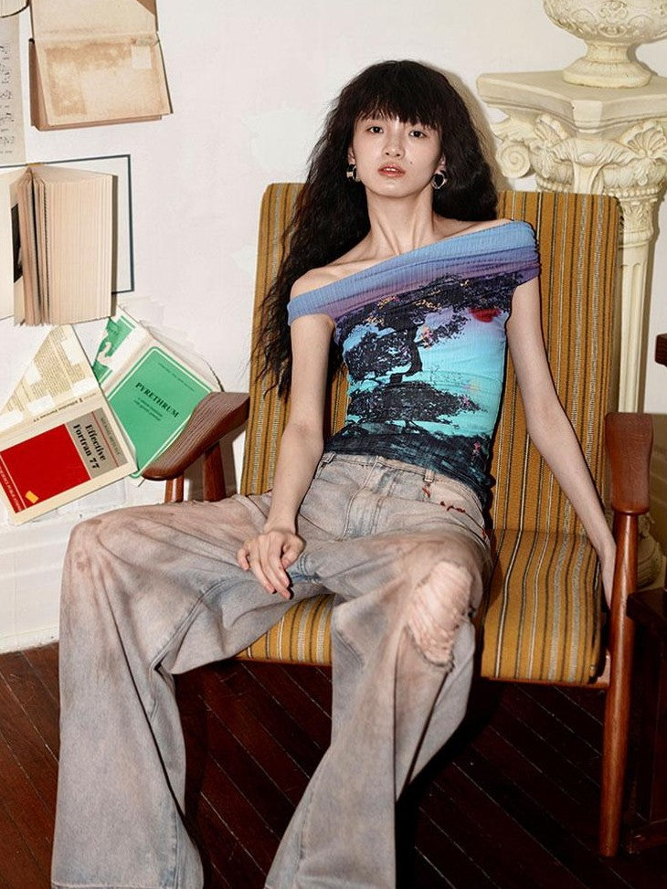 badtaste Asymmetrical Shoulder Chinese Print Slim Fit Women's Short Sleeve T-shirts