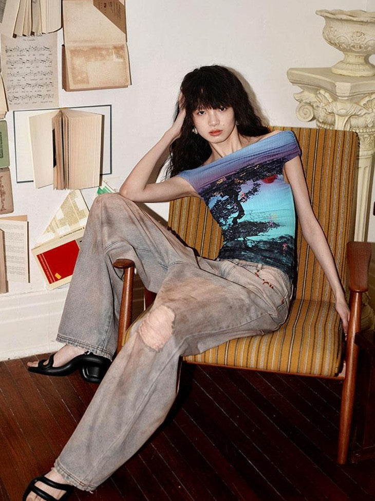 badtaste Asymmetrical Shoulder Chinese Print Slim Fit Women's Short Sleeve T-shirts