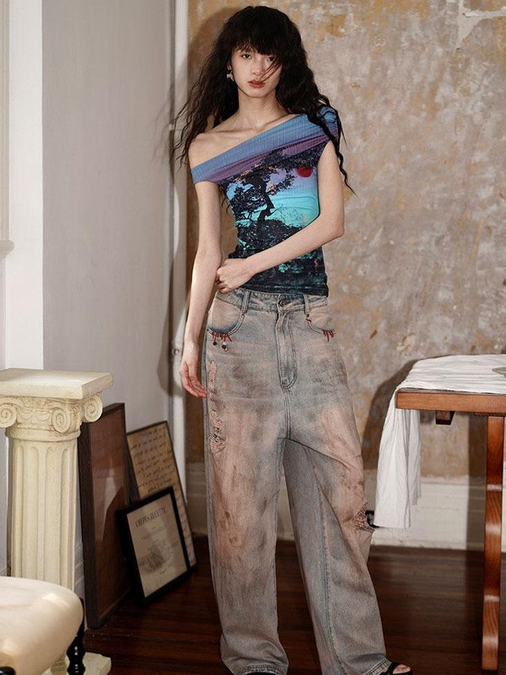 badtaste Asymmetrical Shoulder Chinese Print Slim Fit Women's Short Sleeve T-shirts