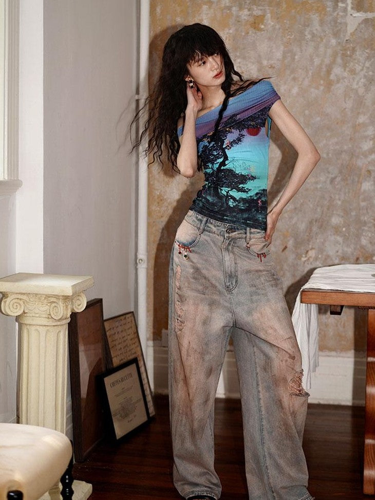 badtaste Asymmetrical Shoulder Chinese Print Slim Fit Women's Short Sleeve T-shirts