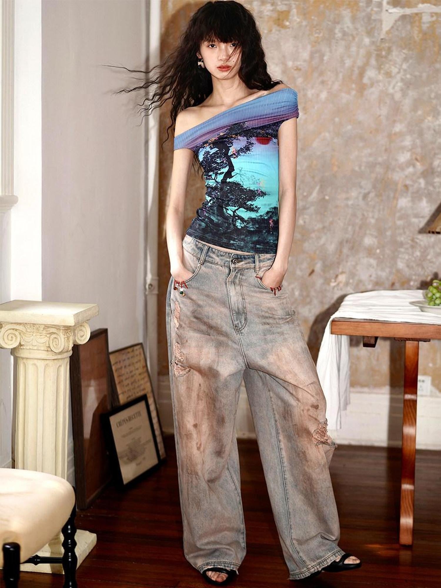badtaste Asymmetrical Shoulder Chinese Print Slim Fit Women's Short Sleeve T-shirts