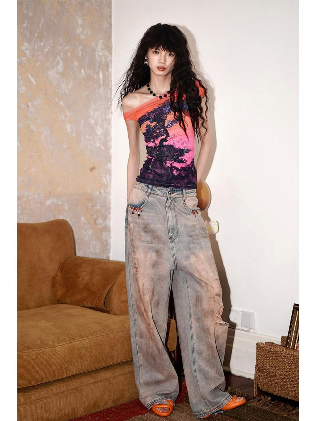 badtaste Asymmetrical Shoulder Chinese Print Slim Fit Women's Short Sleeve T-shirts