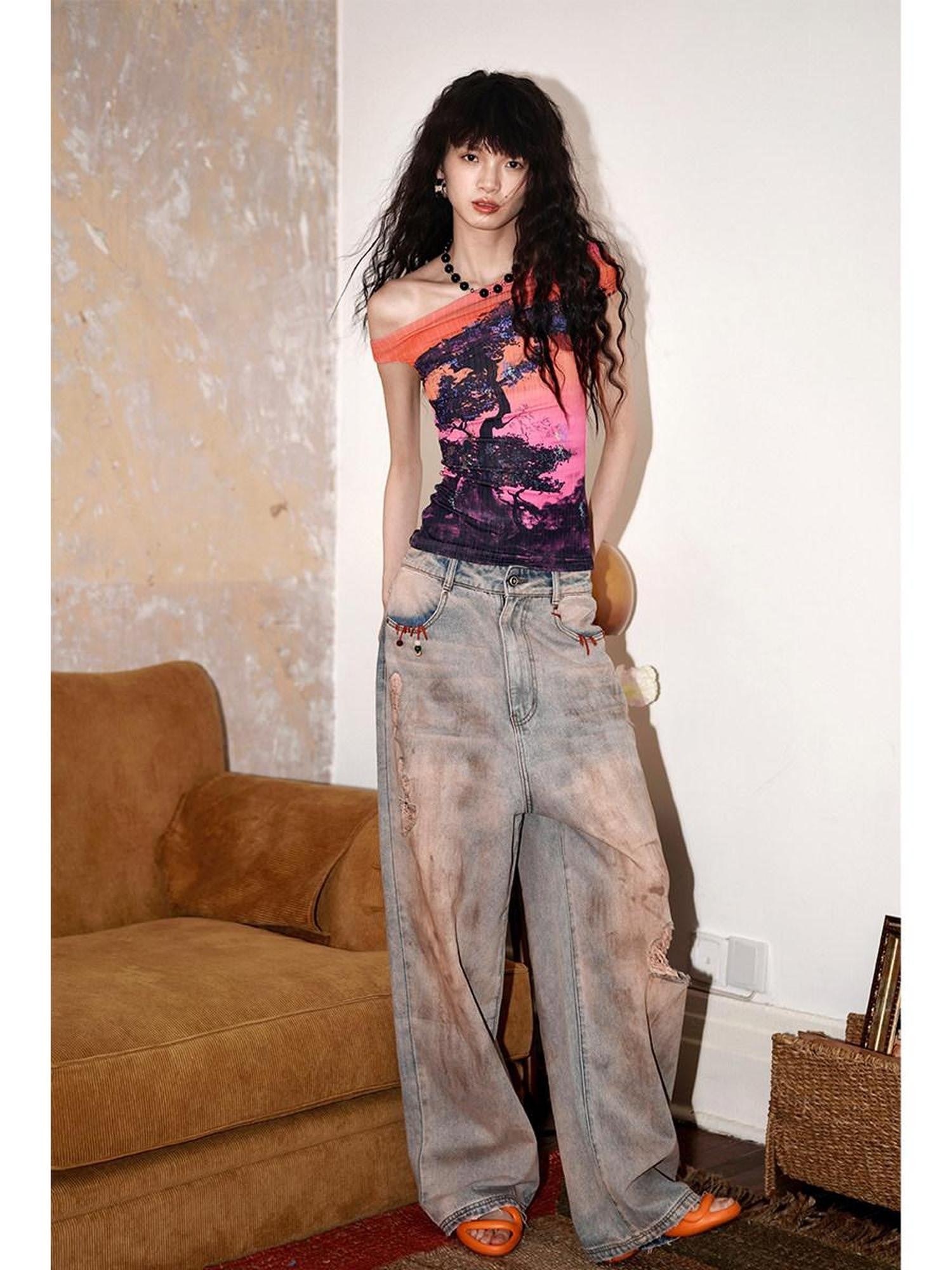 badtaste Asymmetrical Shoulder Chinese Print Slim Fit Women's Short Sleeve T-shirts