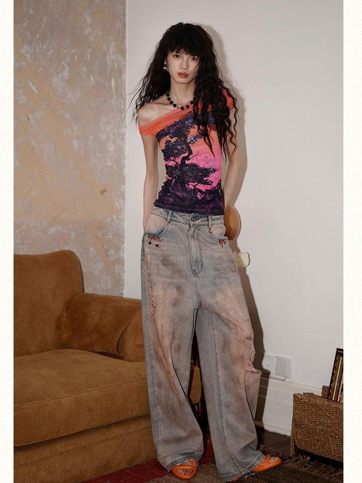badtaste Asymmetrical Shoulder Chinese Print Slim Fit Women's Short Sleeve T-shirts