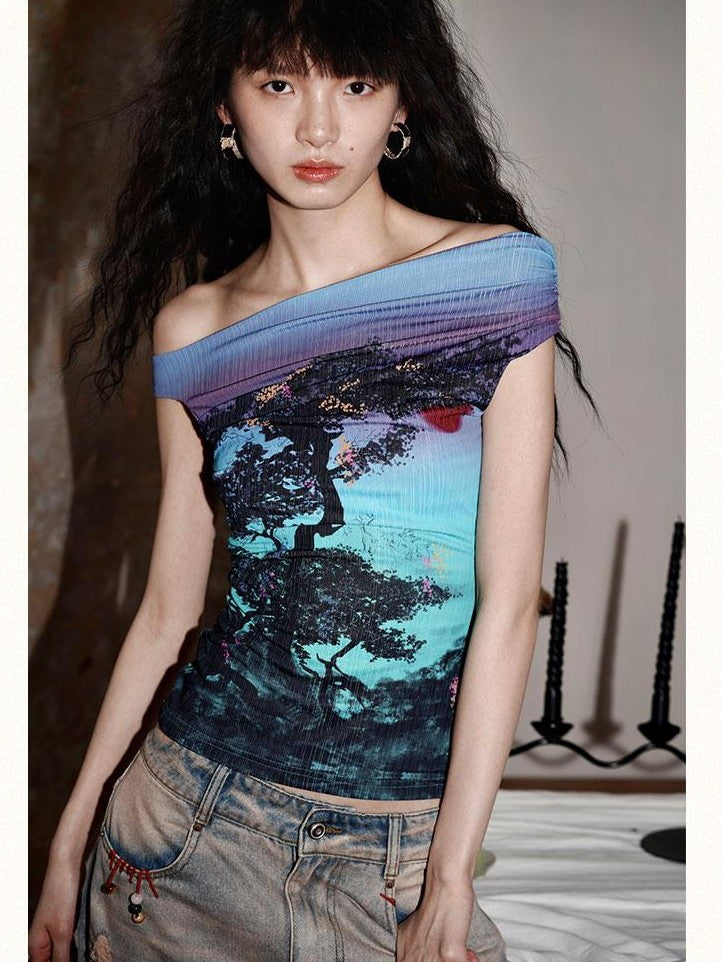 badtaste Asymmetrical Shoulder Chinese Print Slim Fit Women's Short Sleeve T-shirts