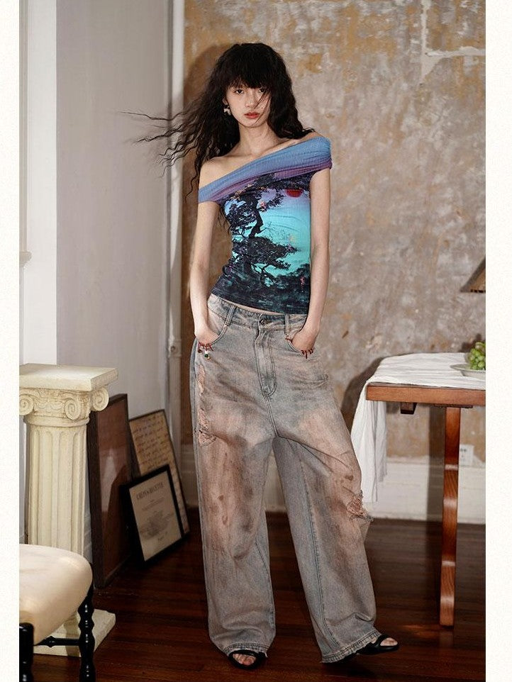 badtaste Asymmetrical Shoulder Chinese Print Slim Fit Women's Short Sleeve T-shirts