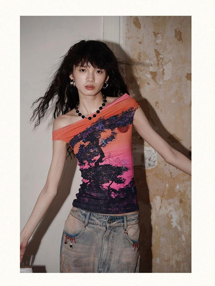 badtaste Asymmetrical Shoulder Chinese Print Slim Fit Women's Short Sleeve T-shirts
