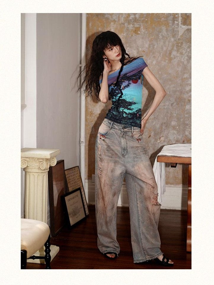 badtaste Asymmetrical Shoulder Chinese Print Slim Fit Women's Short Sleeve T-shirts