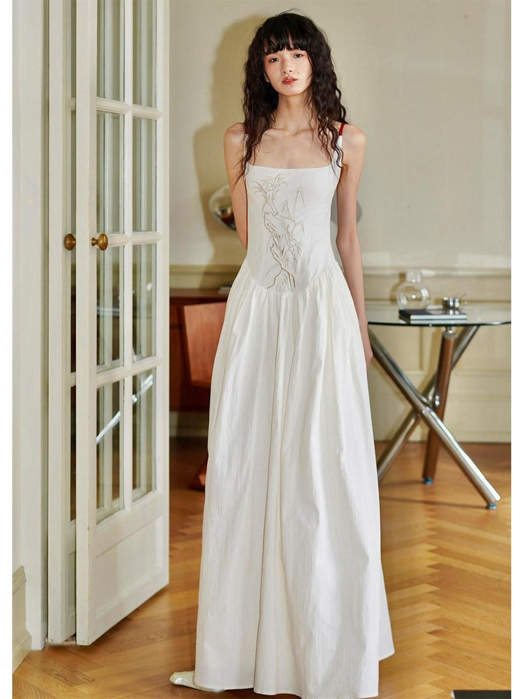 badtaste Backless Chinese Embroidered Cinched Waist Women's Cotton Slip Maxi Dresses