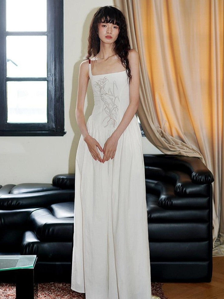 badtaste Backless Chinese Embroidered Cinched Waist Women's Cotton Slip Maxi Dresses