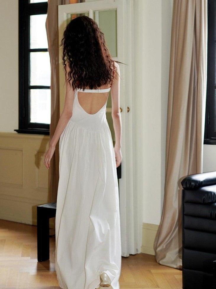 badtaste Backless Chinese Embroidered Cinched Waist Women's Cotton Slip Maxi Dresses